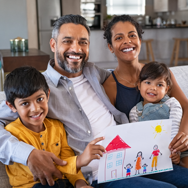 Family with childrens family drawing